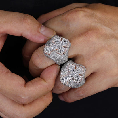 Two Tone Color Cross Finger Ring Iced Out Bling 5A Cubic Zircon Prong Setting Fashion Luxulry Men Hip Hop Finger Jewelry - DripVault