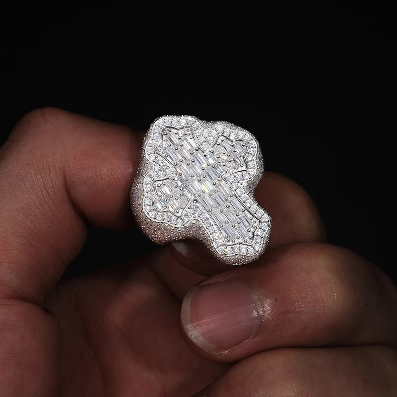 S925 Silver Rings Iced Out Baguette VVS1 Moissanite Cross Rings S925 Silver For Men Hip Hop Jewelry Men's Accessorie - DripVault