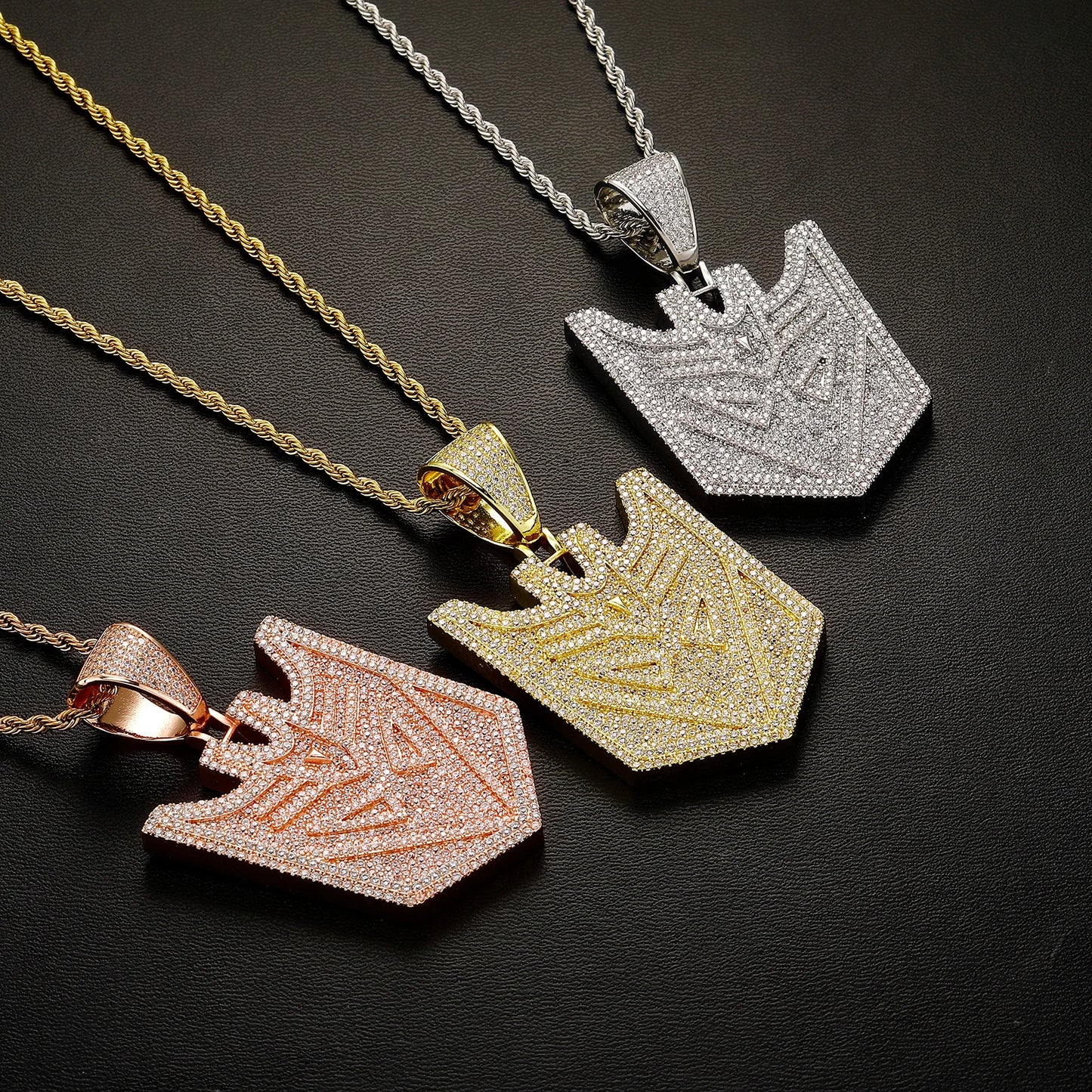 Iced Out Transformers Autobots Robot Shield Pendant Necklace Gold-Plated CZ Twist Chain