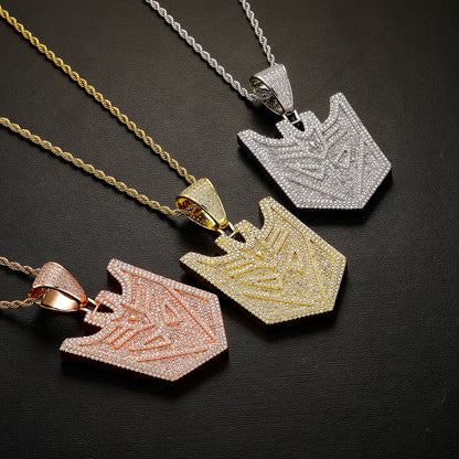 Iced Out Transformers Autobots Robot Shield Pendant Necklace Gold-Plated CZ Twist Chain