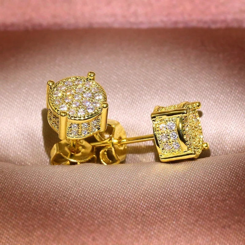 Luxury Gold Color Round CZ Stud Earrings Hip Hop Zircon Stud Earrings Piercing Ear Accessories Hiphop Trend Jewelry - DripVault