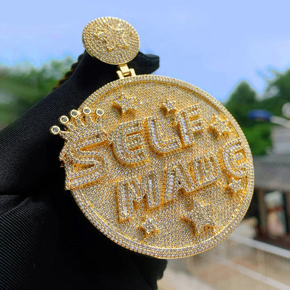 Iced Out Letter Heavy Chunk Big Pendant Necklace Bling CZ Cubic Zirconia Self Made Badge Charm Men Fashion Hip Hop Jewelry - DripVault