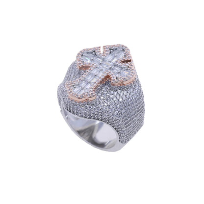 Two Tone Color Cross Finger Ring Iced Out Bling 5A Cubic Zircon Prong Setting Fashion Luxulry Men Hip Hop Finger Jewelry - DripVault