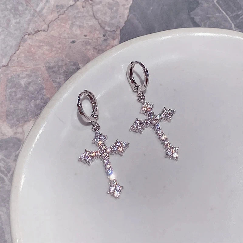 2Pcs Men's Punk Cross Earrings for Women Men Classic Shiny Rhinestone Ear Buckle Earring Fashion Hiphop Party Jewelry - DripVault