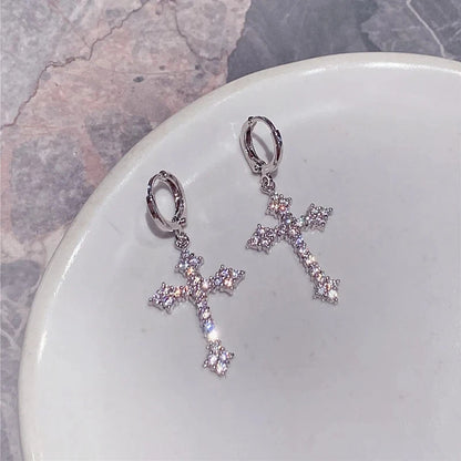 2Pcs Men's Punk Cross Earrings for Women Men Classic Shiny Rhinestone Ear Buckle Earring Fashion Hiphop Party Jewelry - DripVault