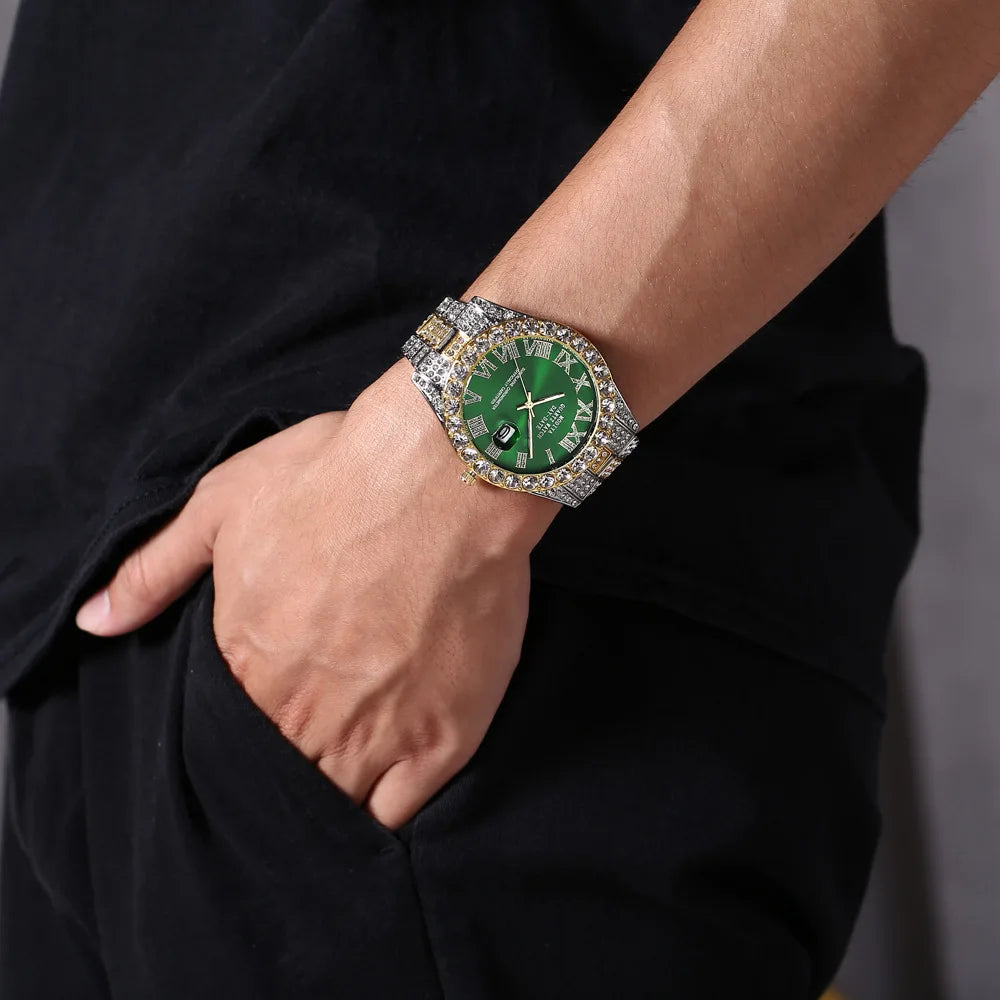 Diamond Bling Watch Men Gold Color Luxury Gift Quartz Watches Male Clock Rhinestone Calendar Wristwatch - DripVault