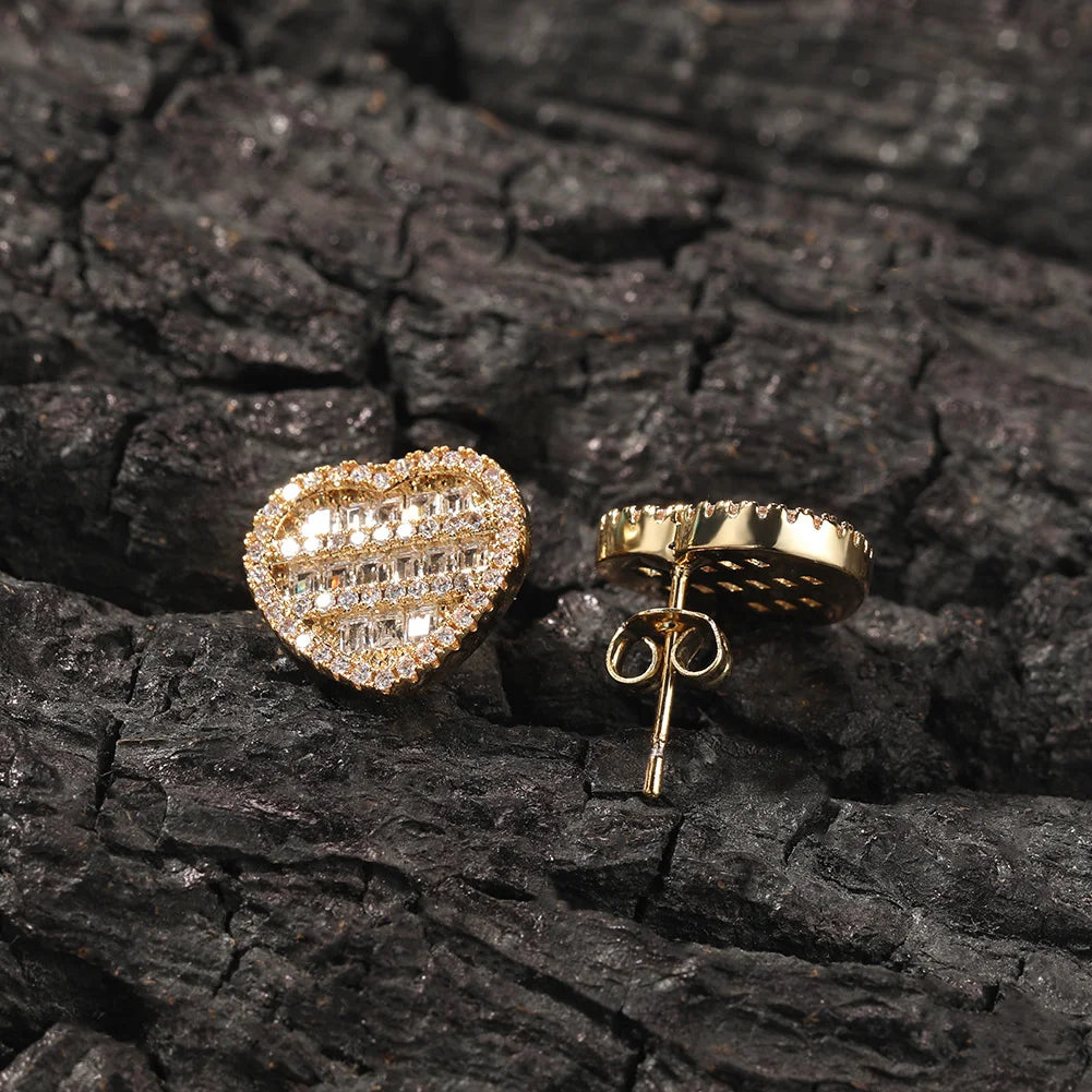 Heart Shaped Screw Back Stud Earring Iced Out Baguette Cubic Zirconia Men Women Hiphop Jewelry Best Gift - DripVault