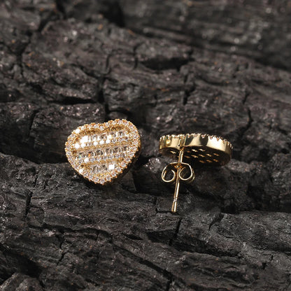 Heart Shaped Screw Back Stud Earring Iced Out Baguette Cubic Zirconia Men Women Hiphop Jewelry Best Gift - DripVault
