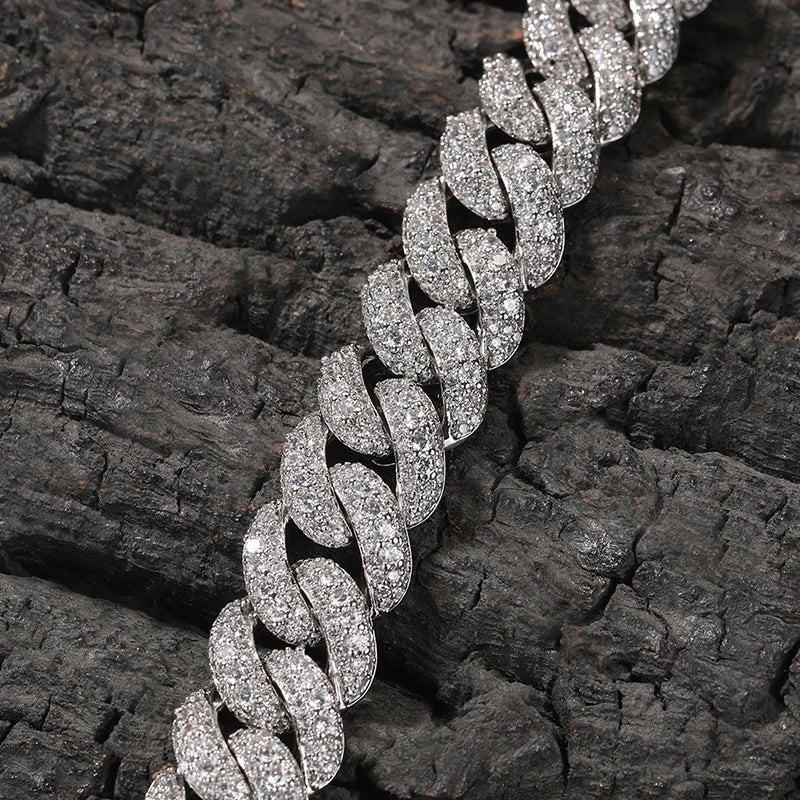 Hip Hop 5A+ CZ Stone Paved Bling Iced Out 18mm Solid Round Cuban Miami Link Chain Bracelets Necklaces for Men Rapper Jewelry - DripVault