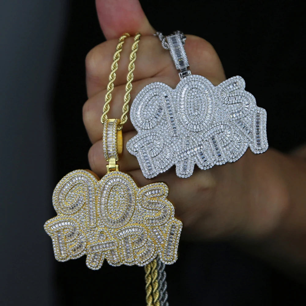 Iced Out Letter 90s Baby Prong Necklace Pendant for Men Silver Color Bling Cubic Zirconia Charm Hip Hop Jewelry - DripVault