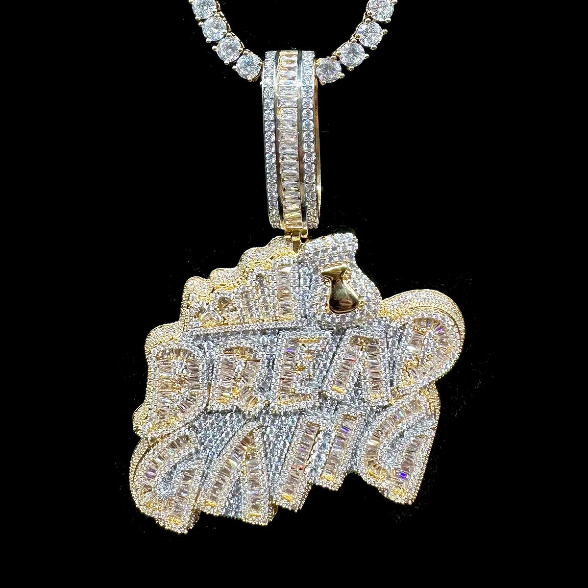 Iced Out Pedant Bread Gang Necklace for Men Cubic Zirconia Baguette Double Color Hip Hop Jewelry - DripVault