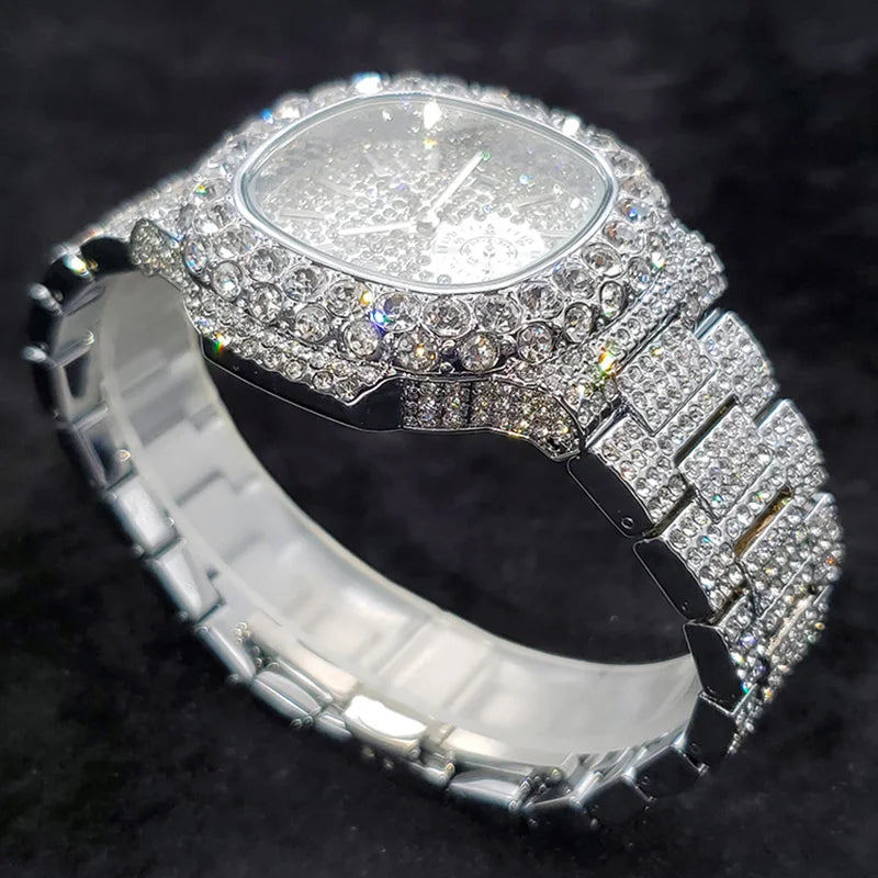 Luxury Diamond Watch Men Hip Hop Street Petek Style Date Display Quartz Timepiece Iced Out Party Jewelry Wristwatch - DripVault