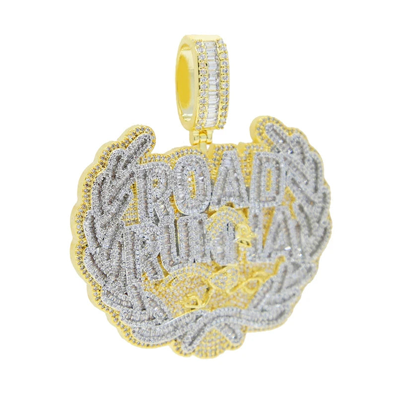 New Iced Out Bling CZ Letter Road Runna Pendant Necklace Cubic Zirconia Two Tone Color Badge Charm Men Fashion Hip Hop Jewelry - DripVault
