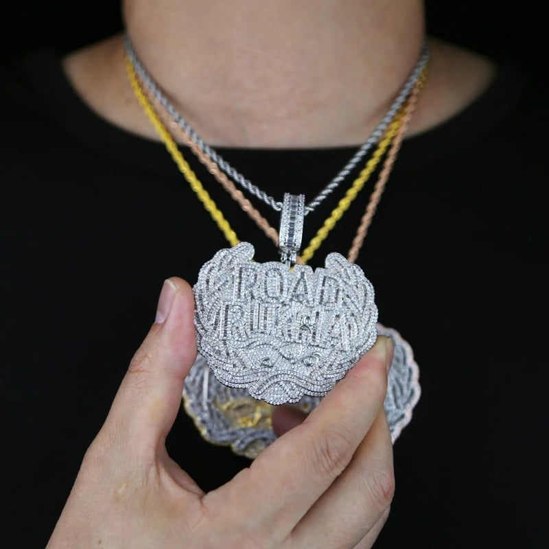 New Iced Out Bling CZ Letter Road Runna Pendant Necklace Cubic Zirconia Two Tone Color Badge Charm Men Fashion Hip Hop Jewelry - DripVault