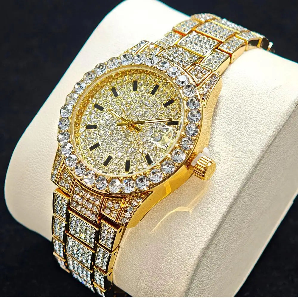 Hot Fashion Gold Watches Women Luxury Stainless Steel Elegant Iced Diamond Jewelry Quartz Wristwatch Ladies - DripVault