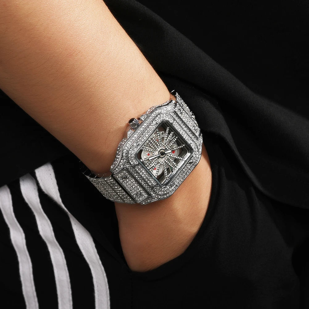 Iced Out Men Watch Square Dial Quartz Luxury Cartier Style Brand Automatic Wrist Watches Skeleton Clock Hiphop - DripVault