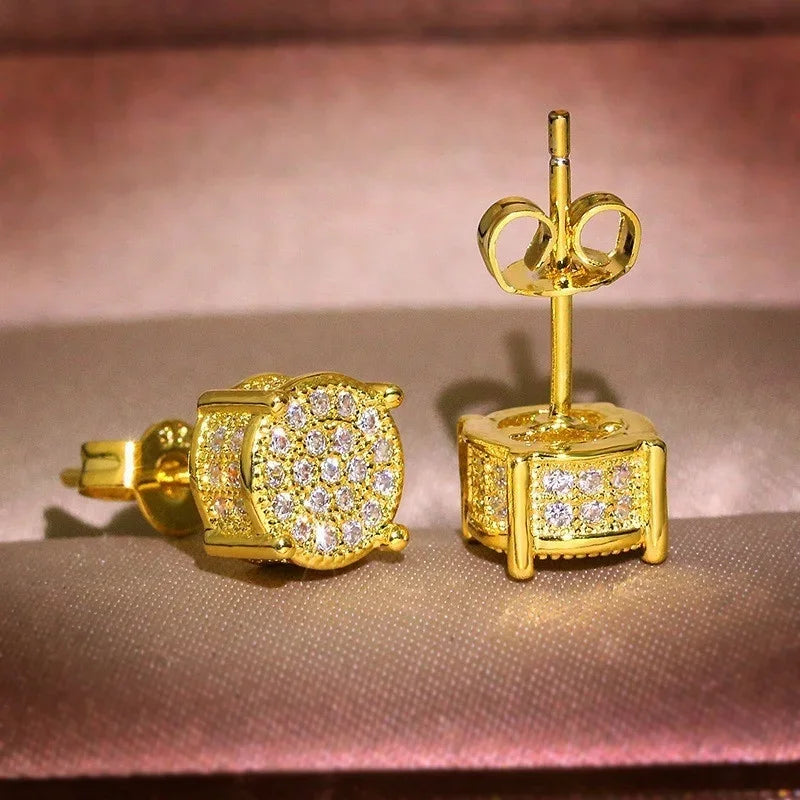 Luxury Gold Color Round CZ Stud Earrings Hip Hop Zircon Stud Earrings Piercing Ear Accessories Hiphop Trend Jewelry - DripVault