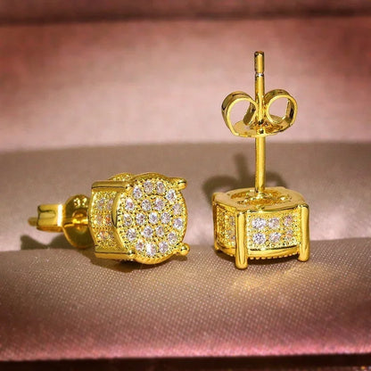 Luxury Gold Color Round CZ Stud Earrings Hip Hop Zircon Stud Earrings Piercing Ear Accessories Hiphop Trend Jewelry - DripVault