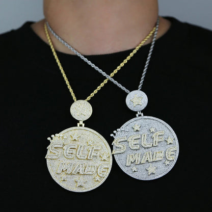Iced Out Letter Heavy Chunk Big Pendant Necklace Bling CZ Cubic Zirconia Self Made Badge Charm Men Fashion Hip Hop Jewelry - DripVault