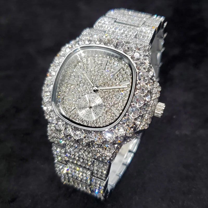 Luxury Diamond Watch Men Hip Hop Street Petek Style Date Display Quartz Timepiece Iced Out Party Jewelry Wristwatch - DripVault