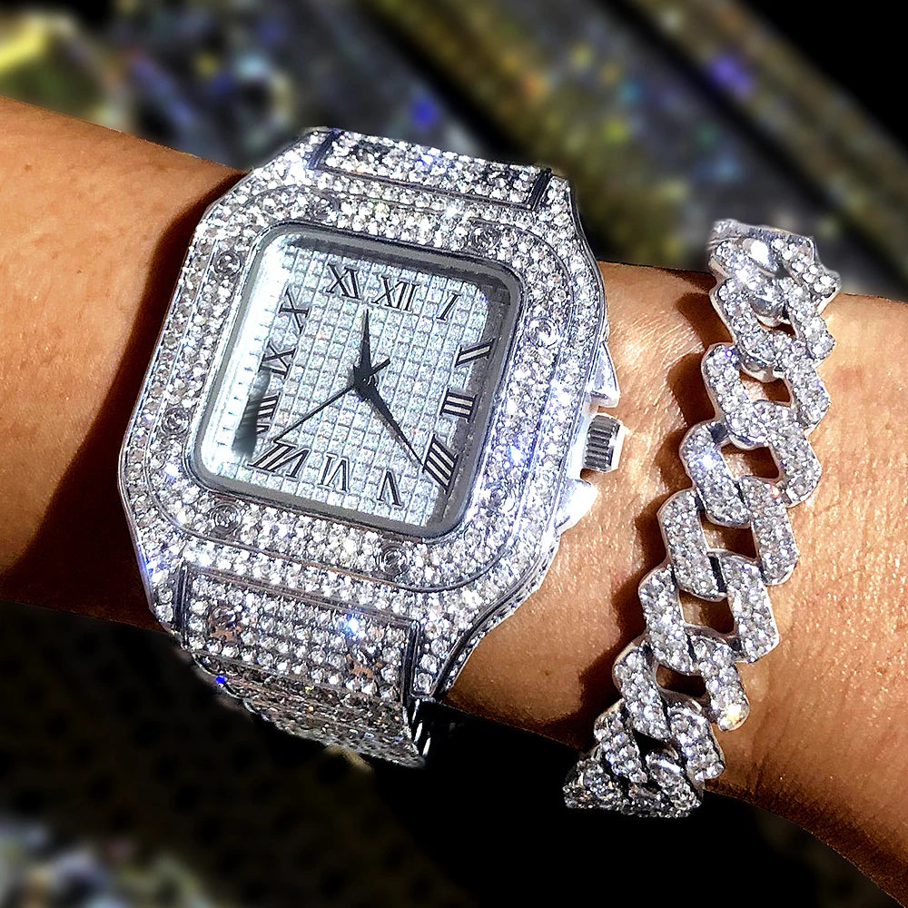 Luxury Iced Out Watches Hip Hop Bust Down Unisex Diamond Watch, Stainless Steel Studded Wrist Watch With Bracelet - DripVault