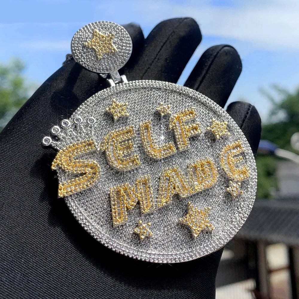 Iced Out Letter Heavy Chunk Big Pendant Necklace Bling CZ Cubic Zirconia Self Made Badge Charm Men Fashion Hip Hop Jewelry - DripVault