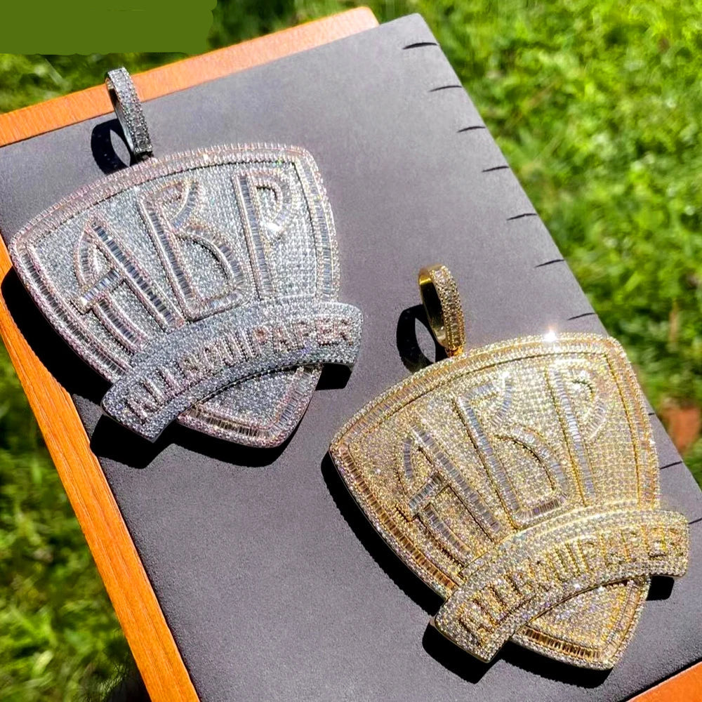 Iced Out Letter Heavy Chunk Big Pendant Necklace Bling CZ Cubic Zirconia Self Made Badge Charm Men Fashion Hip Hop Jewelry - DripVault