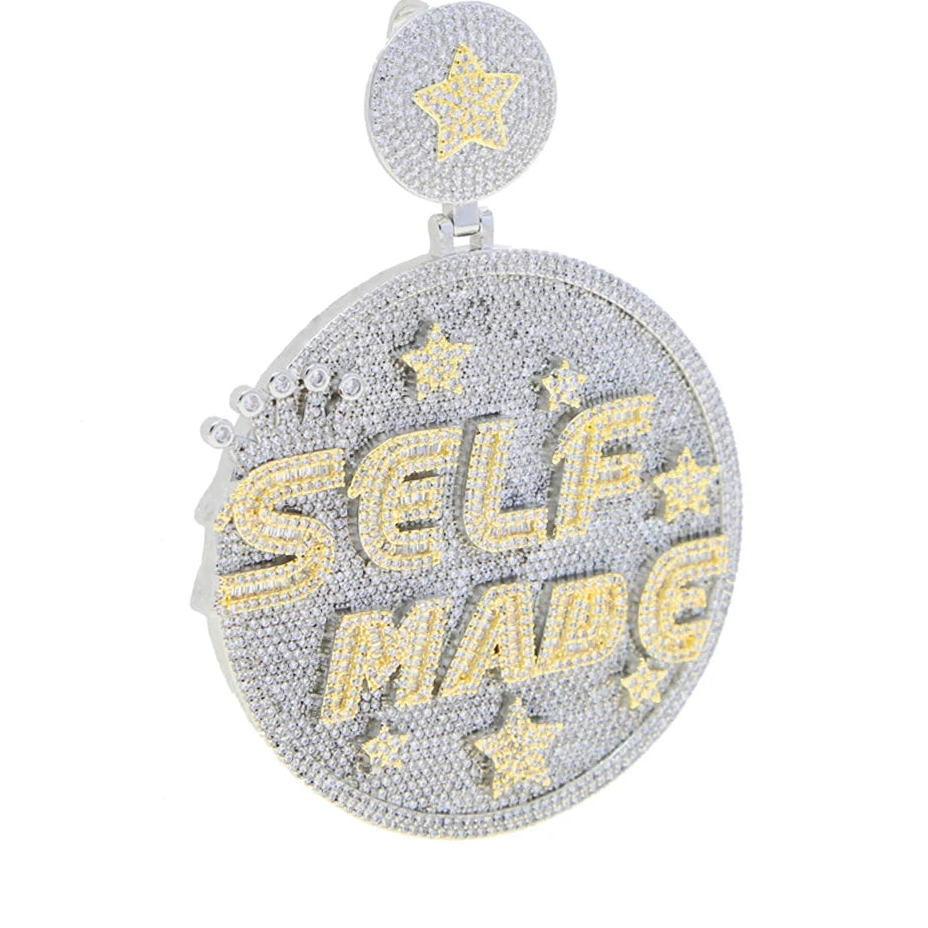 Iced Out Letter Heavy Chunk Big Pendant Necklace Bling CZ Cubic Zirconia Self Made Badge Charm Men Fashion Hip Hop Jewelry - DripVault