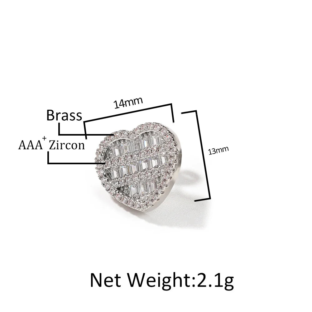 Heart Shaped Screw Back Stud Earring Iced Out Baguette Cubic Zirconia Men Women Hiphop Jewelry Best Gift - DripVault