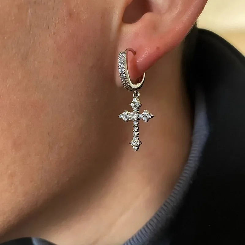 2Pcs Men's Punk Cross Earrings for Women Men Classic Shiny Rhinestone Ear Buckle Earring Fashion Hiphop Party Jewelry - DripVault