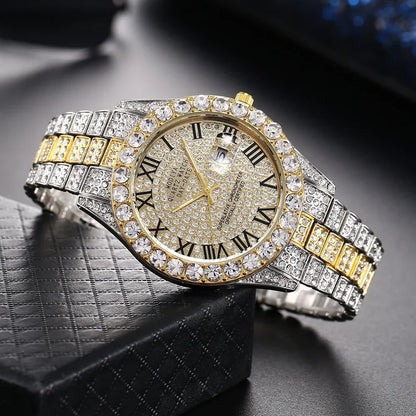 Diamond Bling Watch Men Gold Color Luxury Gift Quartz Watches Male Clock Rhinestone Calendar Wristwatch - DripVault
