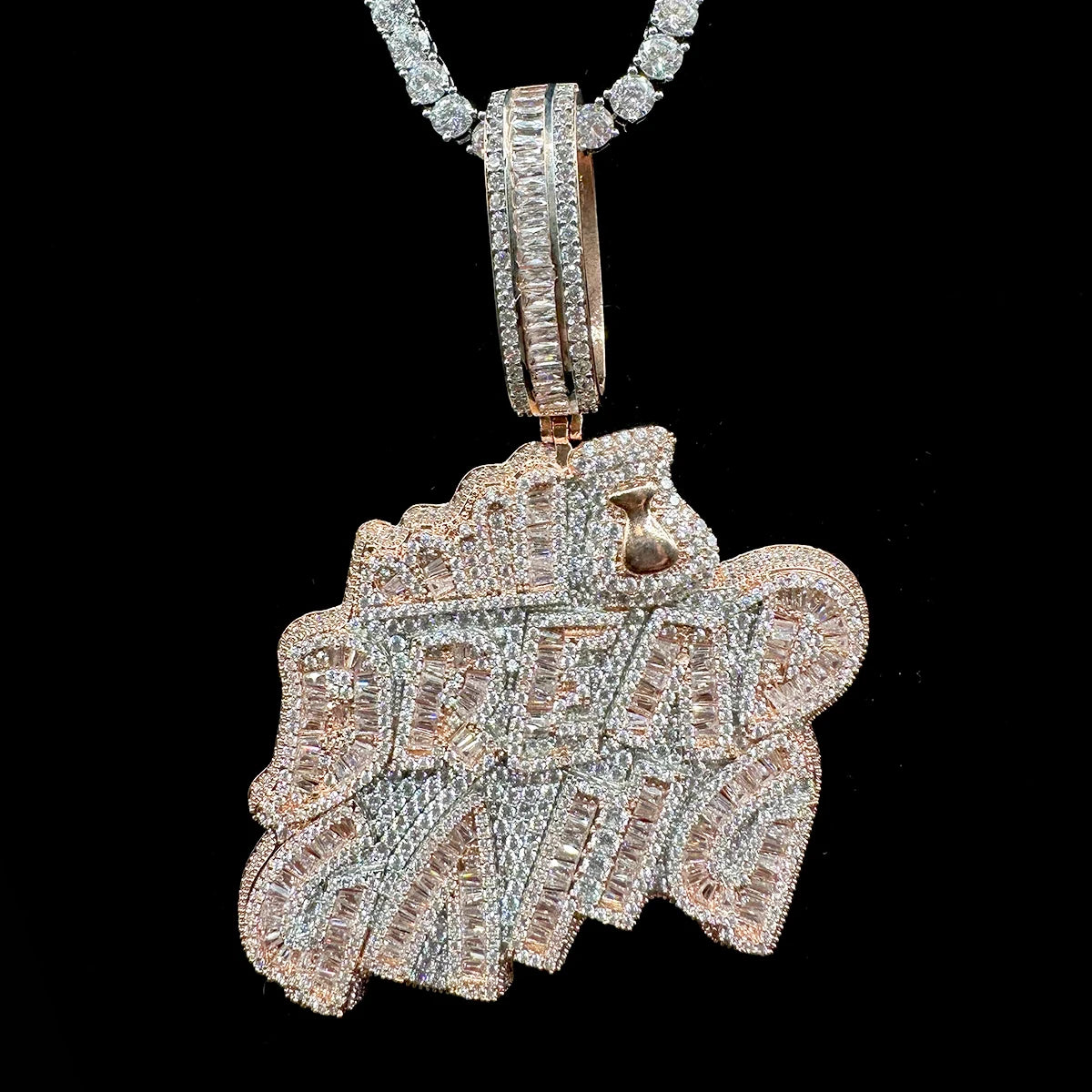 Iced Out Pedant Bread Gang Necklace for Men Cubic Zirconia Baguette Double Color Hip Hop Jewelry - DripVault