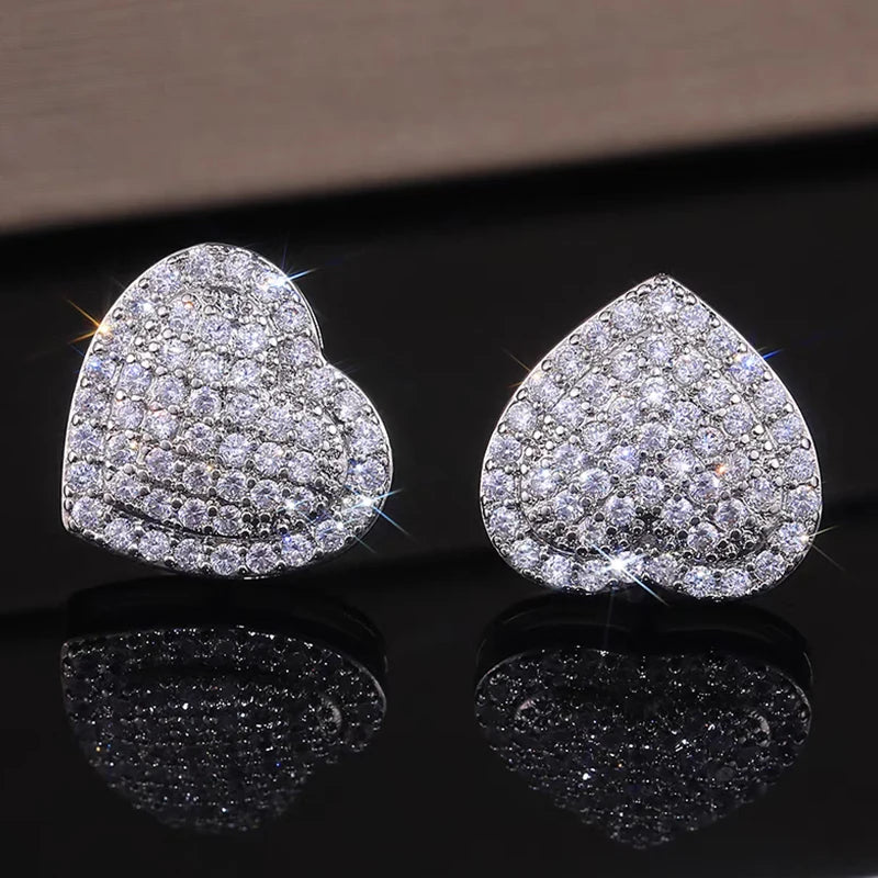 Loving Heart Zirconia Stud Earrings For Women Girls Silver Color Metal Crystal Ears Accessories Wedding Jewelry Gifts - DripVault