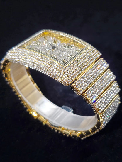 Gold Men's Watches Rectangle Dial Luxury Diamond Fashion Big Wristwatches Luminous Point Iced Quartz Watch For Men - DripVault
