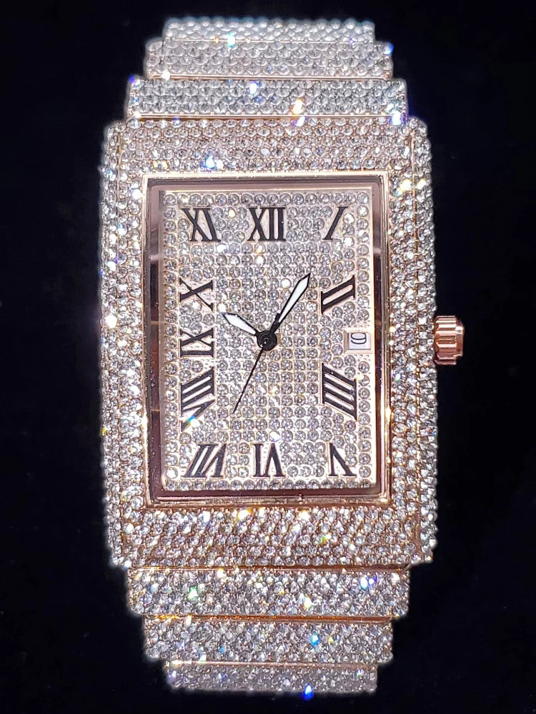 Gold Men's Watches Rectangle Dial Luxury Diamond Fashion Big Wristwatches Luminous Point Iced Quartz Watch For Men - DripVault