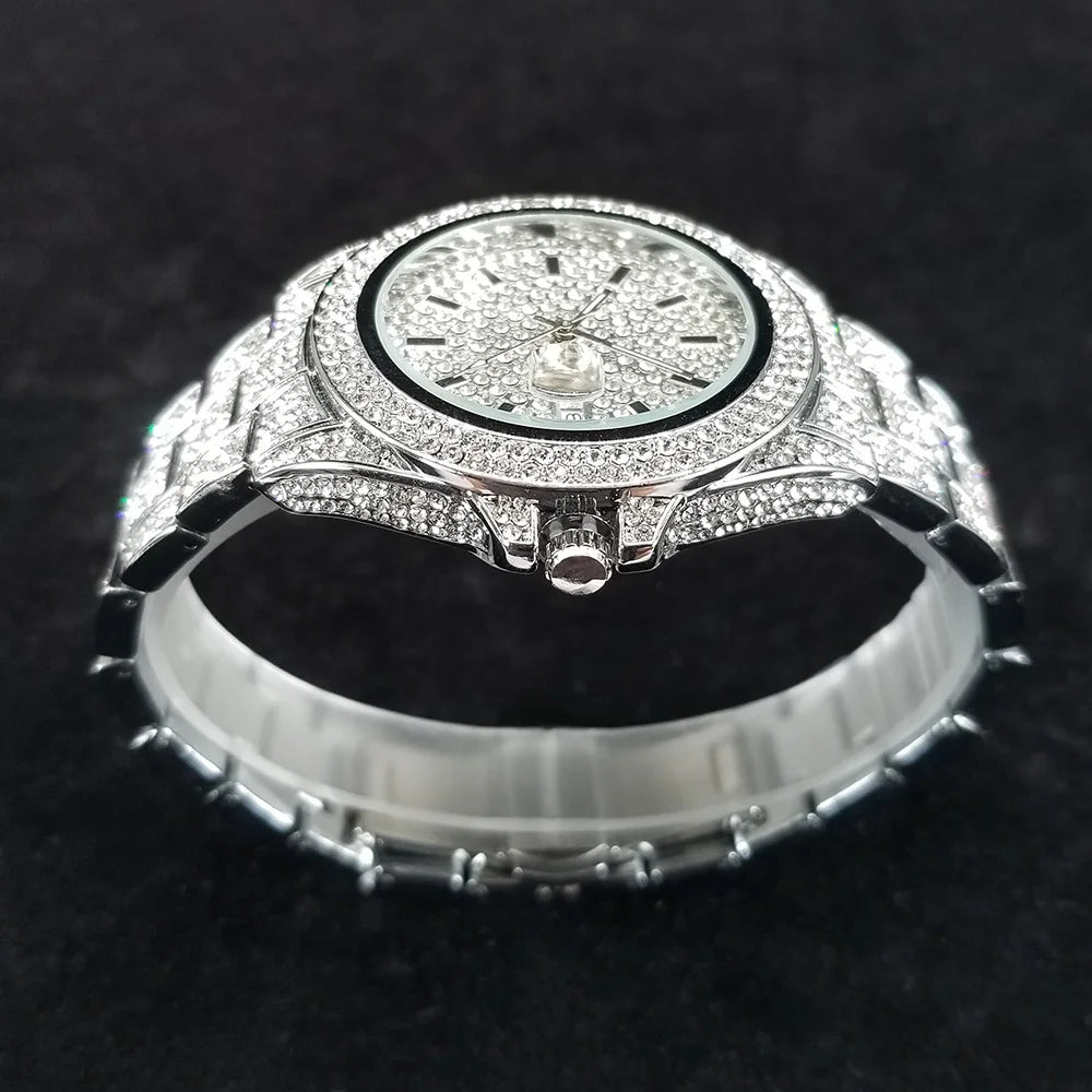 Full Diamond Watches for Men Luxury Fashion Silver Iced Out Quartz Wristwatch Hip Hop Street Style Bling Watch Man - DripVault