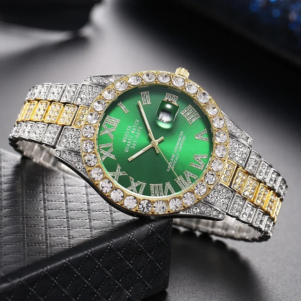 Diamond Bling Watch Men Gold Color Luxury Gift Quartz Watches Male Clock Rhinestone Calendar Wristwatch - DripVault