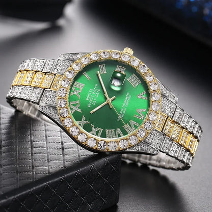 Diamond Bling Watch Men Gold Color Luxury Gift Quartz Watches Male Clock Rhinestone Calendar Wristwatch - DripVault