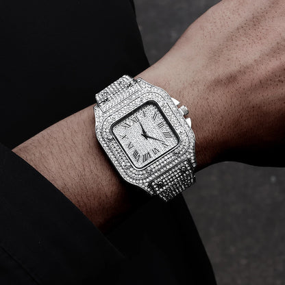Luxury Iced Out Watches Hip Hop Bust Down Unisex Diamond Watch, Stainless Steel Studded Wrist Watch With Bracelet - DripVault