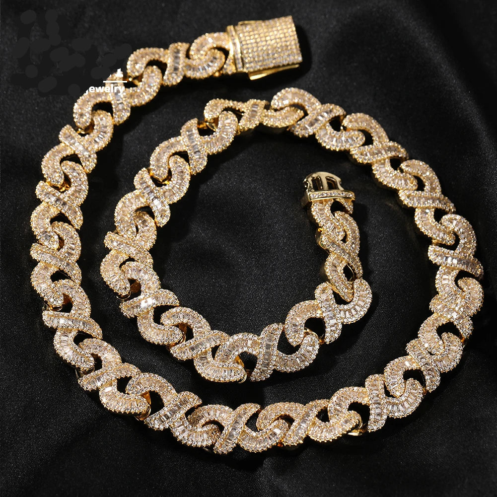 12mm Infinity Chain Baguette Cuban Necklace Cubic Zirconia Micropave Charm Jewelry Women Accessories Gifts - DripVault