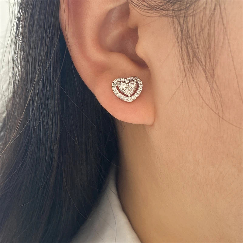 Loving Heart Zirconia Stud Earrings For Women Girls Silver Color Metal Crystal Ears Accessories Wedding Jewelry Gifts - DripVault