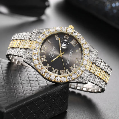 Diamond Bling Watch Men Gold Color Luxury Gift Quartz Watches Male Clock Rhinestone Calendar Wristwatch - DripVault