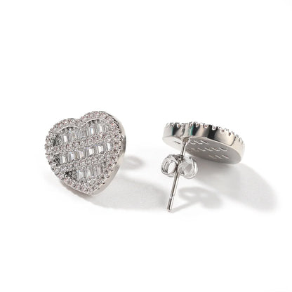 Heart Shaped Screw Back Stud Earring Iced Out Baguette Cubic Zirconia Men Women Hiphop Jewelry Best Gift - DripVault