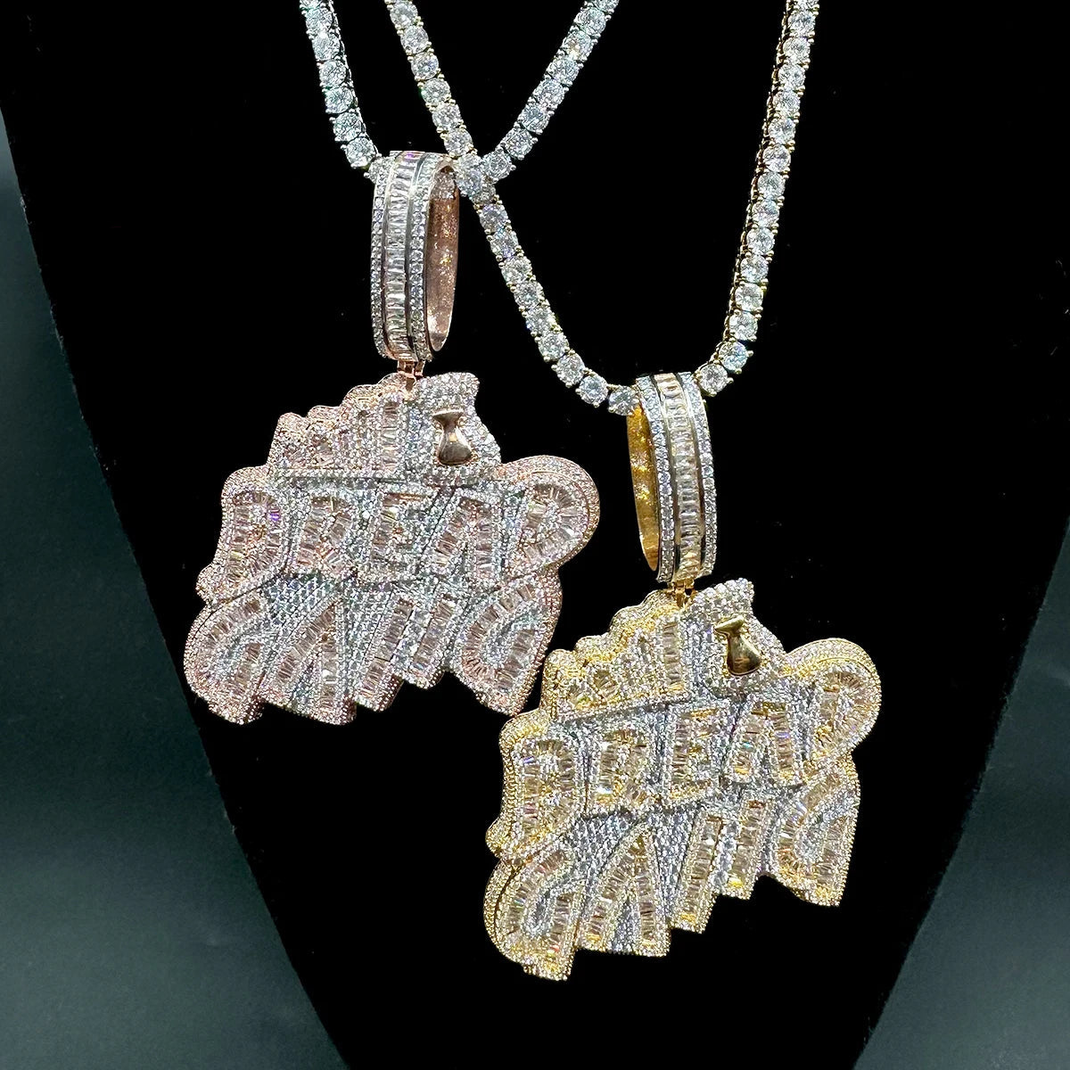 Iced Out Pedant Bread Gang Necklace for Men Cubic Zirconia Baguette Double Color Hip Hop Jewelry - DripVault