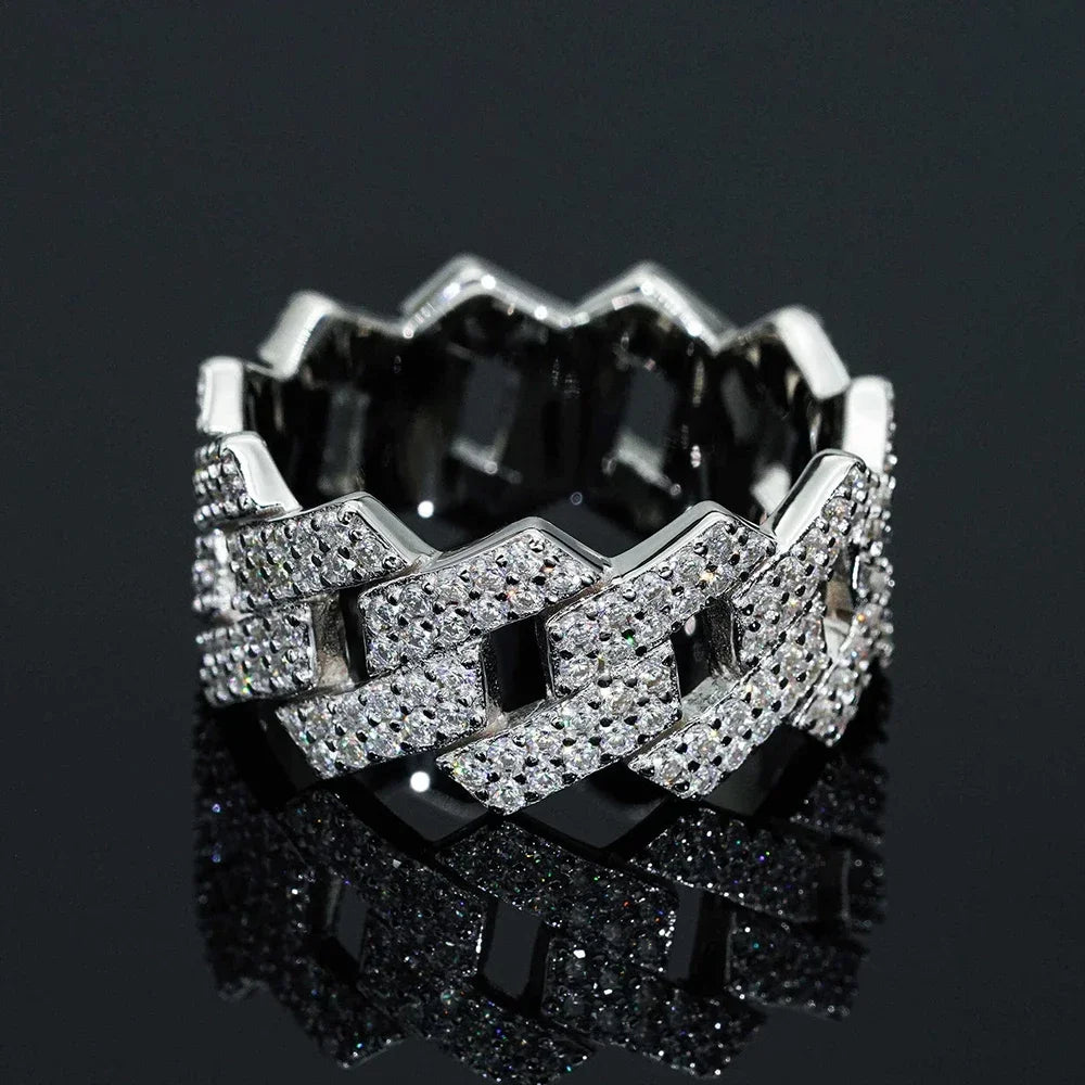 Full Moissanite Diamond Cuban Rings for Men Women 100% 925 Sterling Silver Hip Hop Double Row Eternity Band Ring - DripVault