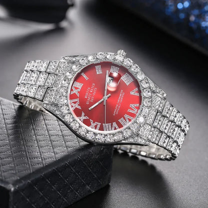 Diamond Bling Watch Men Gold Color Luxury Gift Quartz Watches Male Clock Rhinestone Calendar Wristwatch - DripVault