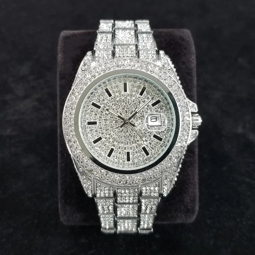 Full Diamond Watches for Men Luxury Fashion Silver Iced Out Quartz Wristwatch Hip Hop Street Style Bling Watch Man - DripVault