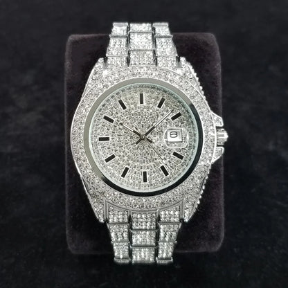 Full Diamond Watches for Men Luxury Fashion Silver Iced Out Quartz Wristwatch Hip Hop Street Style Bling Watch Man - DripVault