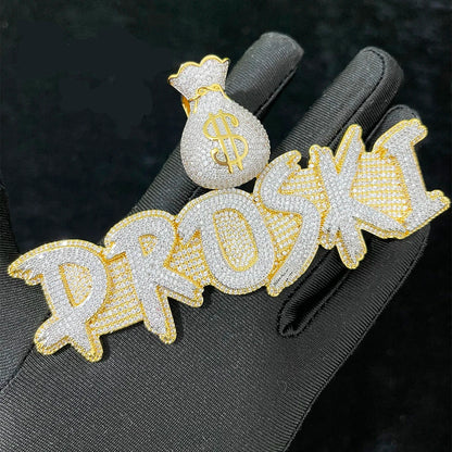 Custom Name Necklace Solid Base Iced Out Personalized Pendants Money Bag Bail  Real Gold Plated Hip Hop - DripVault