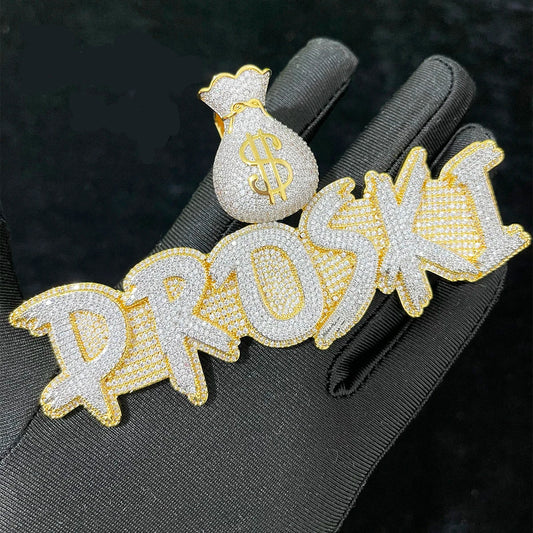 Custom Name Necklace Solid Base Iced Out Personalized Pendants Money Bag Bail  Real Gold Plated Hip Hop - DripVault